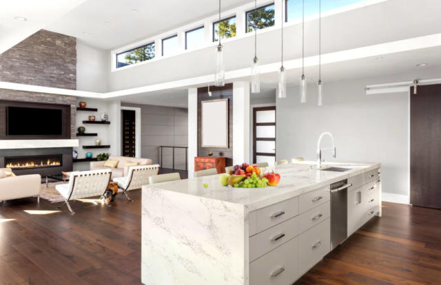 white quartz countertops, white quartz with grey veins, white kitchen cabinet, white kitchen ideas, quartz slab