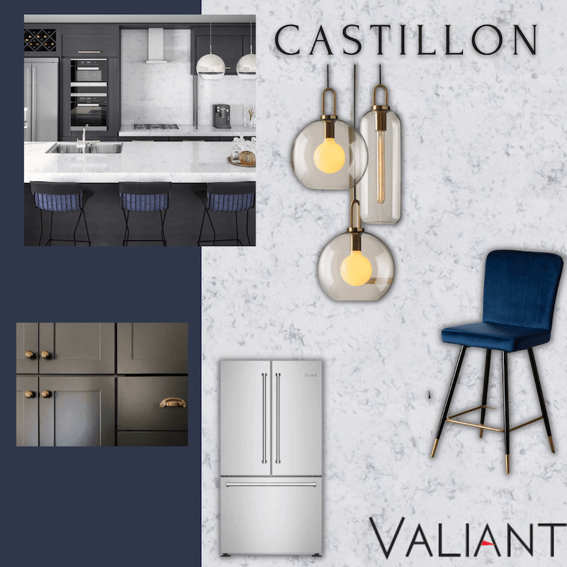 Castillon Mood board, white quartz countertops, stainless steel appliances, dark cabinets
