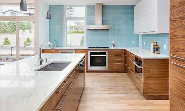 white quartz countertops, white quartz with grey veins, wood kitchen cabinet, kitchen ideas, quartz slab
