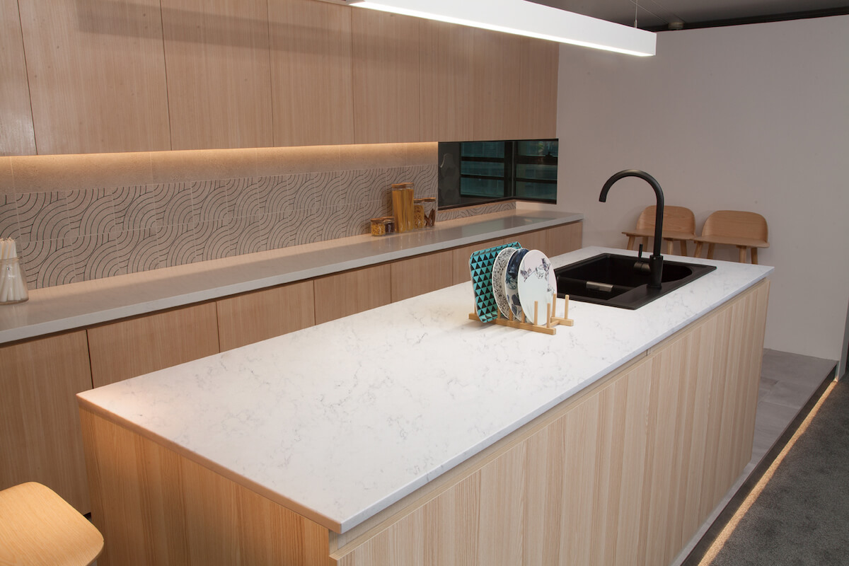 white quartz countertops, white quartz with grey veins, wood kitchen cabinet, kitchen ideas, quartz slab