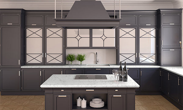 white and grey quartz countertops, black kitchen cabinet, quartz countertop installation, black and white kitchen