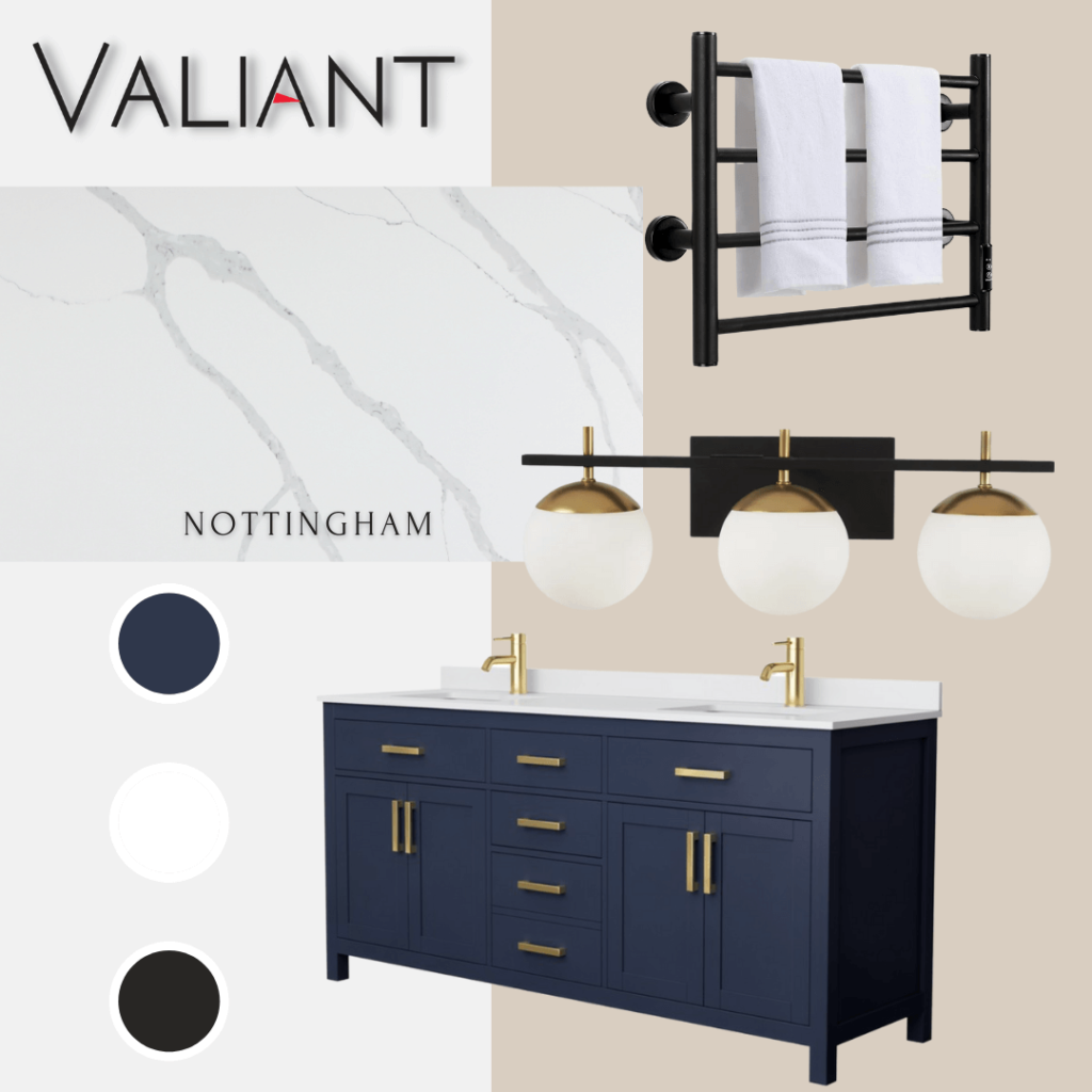 nottingham, bathroom vanity, bathroom lighting, bathroom accessories, valiant quartz, valiant, valiant surfaces