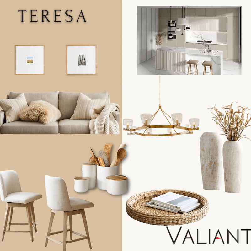 Teresa Mood board, white quartz countertops, stainless steel faucet, beige cabinets, gold lighting, couch