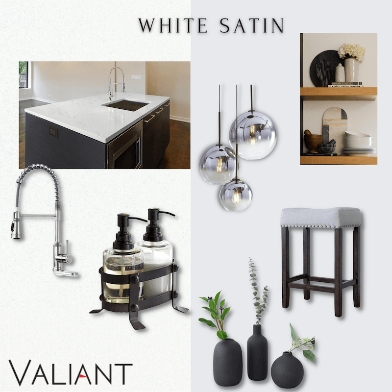 White Satin Mood board, white quartz countertops, stainless steel faucet, black cabinets, round lighting, wood shelves