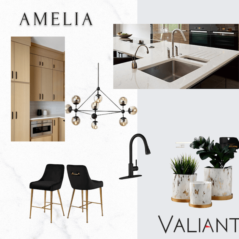 Amelia Mood board, white quartz countertops, black faucet, wood cabinets