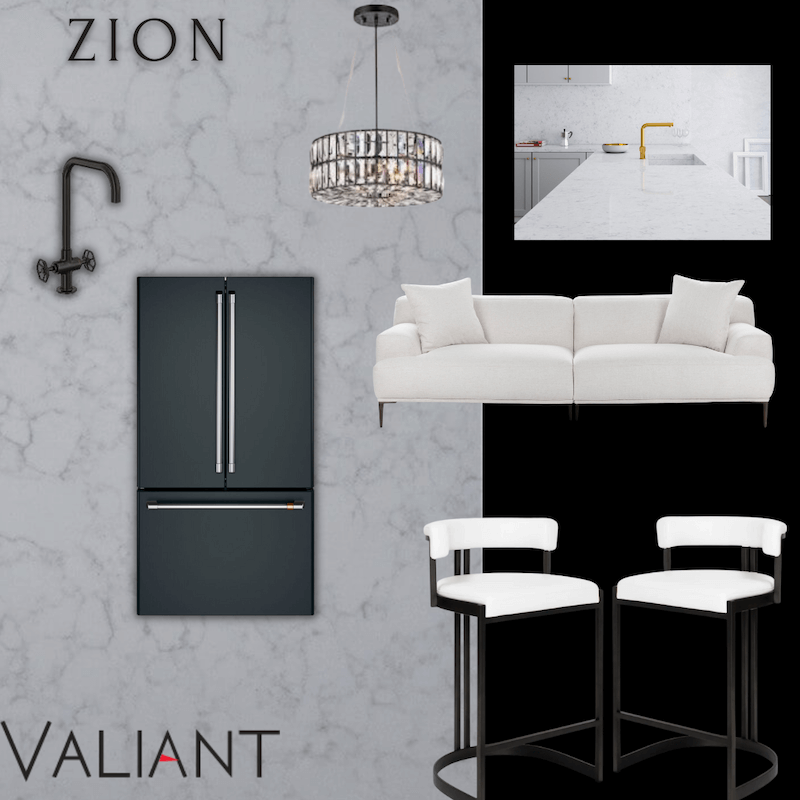 Zion Mood board, white quartz countertops, black faucet, grey cabinets